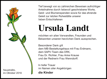 Traueranzeige von Ursula Landt von Strelitzer Zeitung