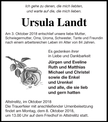 Traueranzeige von Ursula Landt von Strelitzer Zeitung