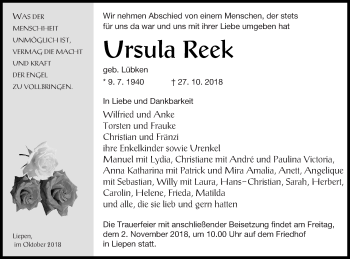 Traueranzeige von Ursula Reek von Vorpommern Kurier