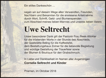 Traueranzeige von Uwe Seltrecht von Vorpommern Kurier