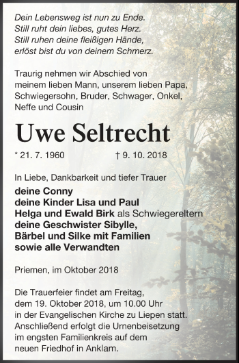 Traueranzeige von Uwe Seltrecht von Vorpommern Kurier