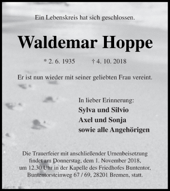 Traueranzeige von Waldemar Hoppe von Vorpommern Kurier