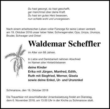 Traueranzeige von Waldemar Scheffler von Vorpommern Kurier