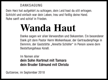 Traueranzeige von Wanda Haut von Demminer Zeitung