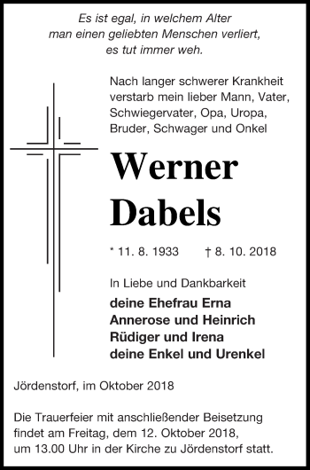 Traueranzeige von Werner Dabels von Mecklenburger Schweiz