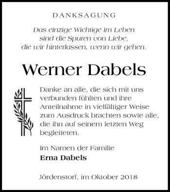 Traueranzeige von Werner Dabels von Mecklenburger Schweiz