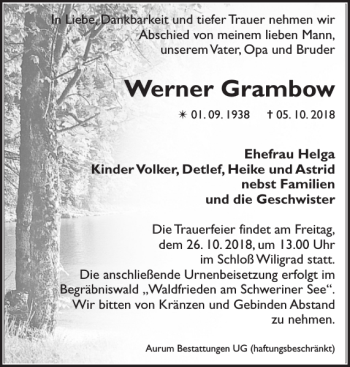 Traueranzeige von Werner Grambow von Zeitung für die Landeshauptstadt