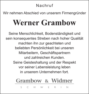 Traueranzeige von Werner Grambow von Zeitung für die Landeshauptstadt