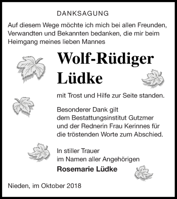 Traueranzeige von Wolf-Rüdiger Lüdke von Pasewalker Zeitung