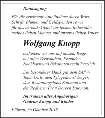 Traueranzeige von Wolfgang Knopp von Pasewalker Zeitung