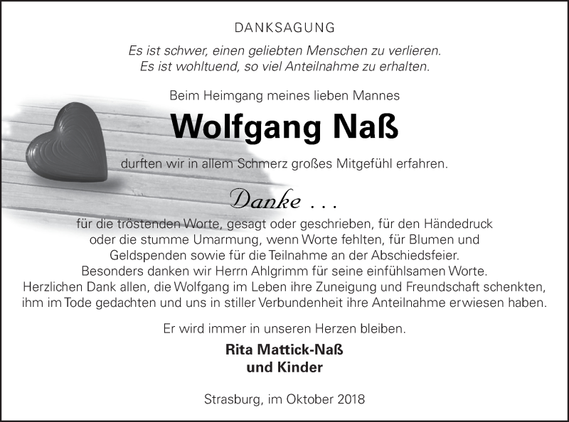  Traueranzeige für Wolfgang Naß vom 19.10.2018 aus Pasewalker Zeitung
