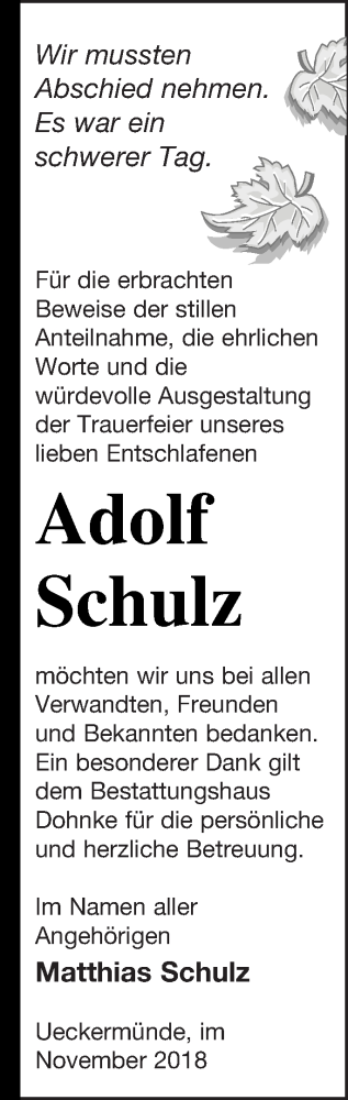 Traueranzeige von Adolf Schulz von Haff-Zeitung
