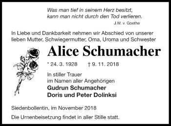 Traueranzeige von Alice Schumacher von Neubrandenburger Zeitung