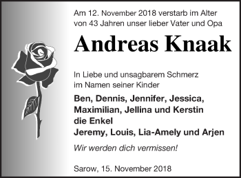 Traueranzeige von Andreas Knaak von Demminer Zeitung