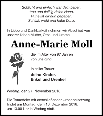 Traueranzeige von Anne-Marie Moll von Neubrandenburger Zeitung