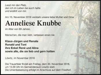 Traueranzeige von Anneliese Knubbe von Vorpommern Kurier