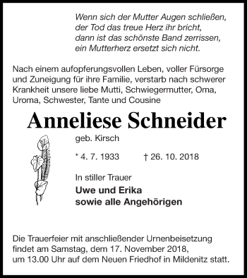 Traueranzeige von Anneliese Schneider von Pasewalker Zeitung