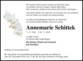 Traueranzeige von Annemarie Schittek von Prenzlauer Zeitung