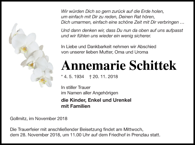 Traueranzeige für Annemarie Schittek vom 23.11.2018 aus Prenzlauer Zeitung