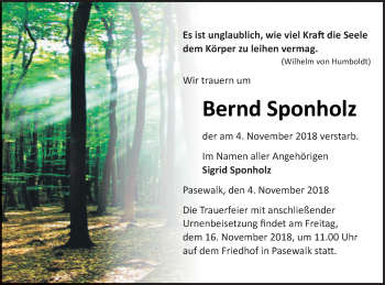 Traueranzeige von Bernd Sponholz von Pasewalker Zeitung