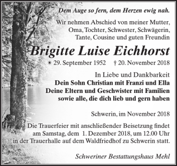 Traueranzeige von Brigitte Luise Eichhorst von Zeitung für die Landeshauptstadt