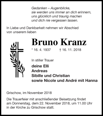 Traueranzeige von Bruno Kranz von Neubrandenburger Zeitung