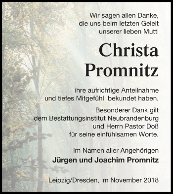 Traueranzeige von Christa Promnitz von Neubrandenburger Zeitung