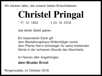 Traueranzeige von Christel Pringal von Templiner Zeitung