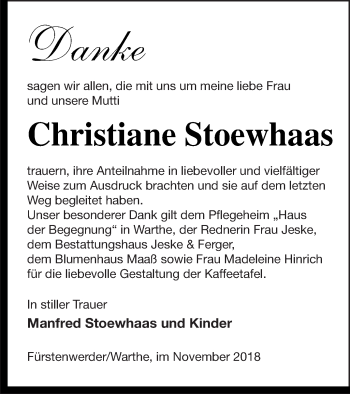 Traueranzeige von Christiane Stoewhaas von Prenzlauer Zeitung