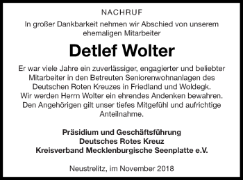 Traueranzeige von Detlef Wolter von Neubrandenburger Zeitung