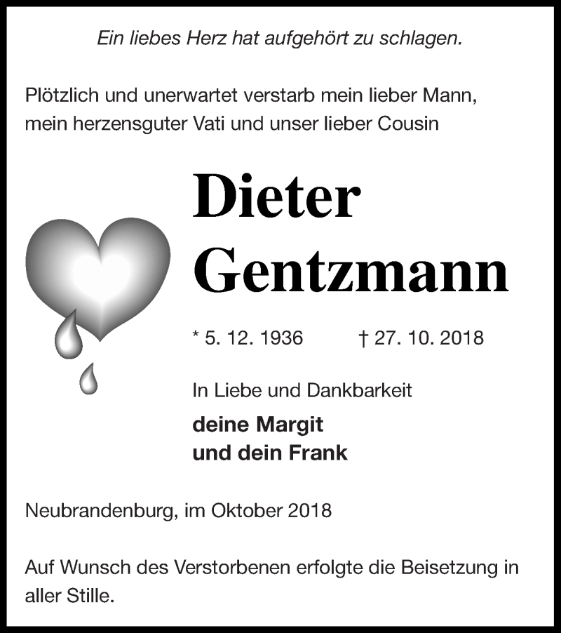  Traueranzeige für Dieter Gentzmann vom 23.11.2018 aus Neubrandenburger Zeitung