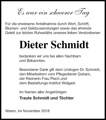 Traueranzeige von Dieter Schmidt von Müritz-Zeitung