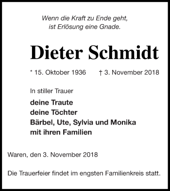 Traueranzeige von Dieter Schmidt von Müritz-Zeitung