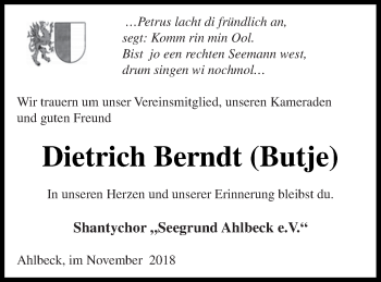 Traueranzeige von Dietrich Berndt von Haff-Zeitung