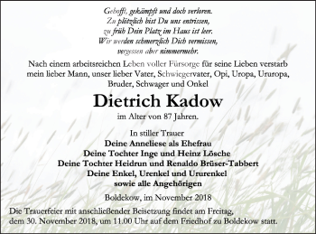 Traueranzeige von Dietrich Kadow von Vorpommern Kurier