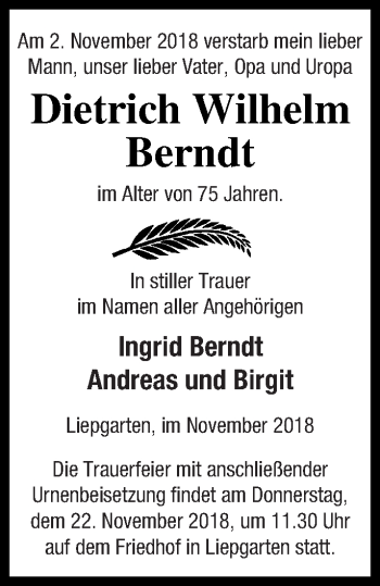 Traueranzeige von Dietrich Wilhelm Berndt von Haff-Zeitung