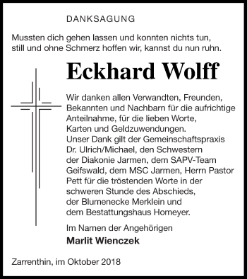 Traueranzeige von Eckhard Wolff von Vorpommern Kurier