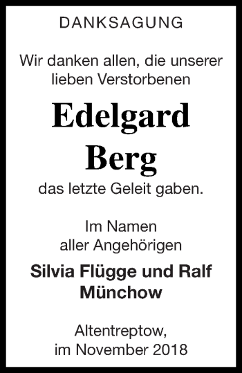 Traueranzeige von Edelgard Berg von Neubrandenburger Zeitung