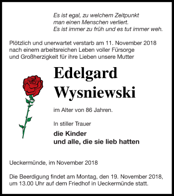Traueranzeige von Edelgard Wysniewski von Haff-Zeitung
