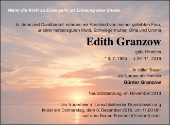 Traueranzeige von Edith Granzow von Neubrandenburger Zeitung