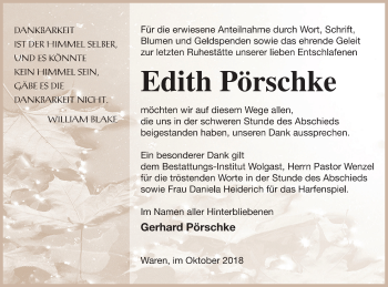 Traueranzeige von Edith Pörschke von Mecklenburger Schweiz