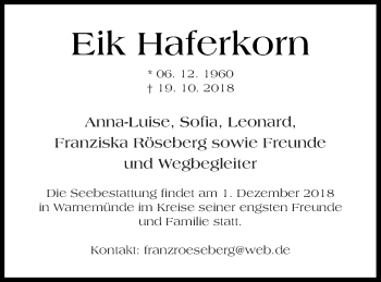 Traueranzeige von Eik Haferkorn von Mecklenburger Schweiz