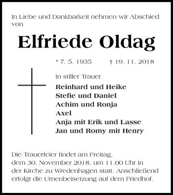 Traueranzeige von Elfriede Oldag von Müritz-Zeitung