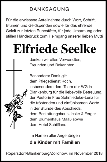 Traueranzeige von Elfriede Seelke von Prenzlauer Zeitung