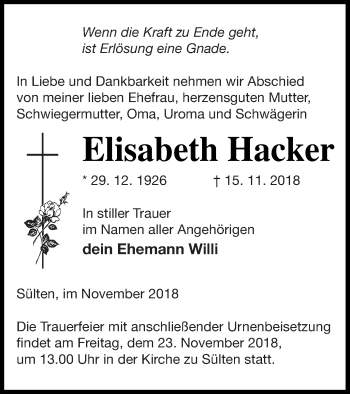 Traueranzeige von Elisabeth Hacker von Mecklenburger Schweiz