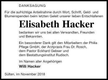 Traueranzeige von Elisabeth Hacker von Mecklenburger Schweiz