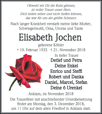 Traueranzeige von Elisabeth Jochen von Vorpommern Kurier