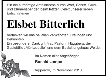 Traueranzeige von Elsbet Bitterlich von Müritz-Zeitung