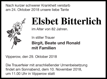 Traueranzeige von Elsbet Bitterlich von Müritz-Zeitung