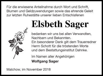 Traueranzeige von Elsbeth Sager von Müritz-Zeitung